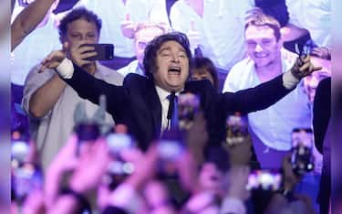 epaselect epa12485085 Argentine President Javier Milei celebrates after learning the results of the legislative elections in Buenos Aires, Argentina, 26 October 2025. La Libertad Avanza (LLA), the party of President Milei, won the legislative elections with 39 percent of the vote. In comparison, the Peronist Fuerza Patria party and its allies obtained 29.4 percent of the vote, according to official data.  EPA/JUAN IGNACIO RONCORONI