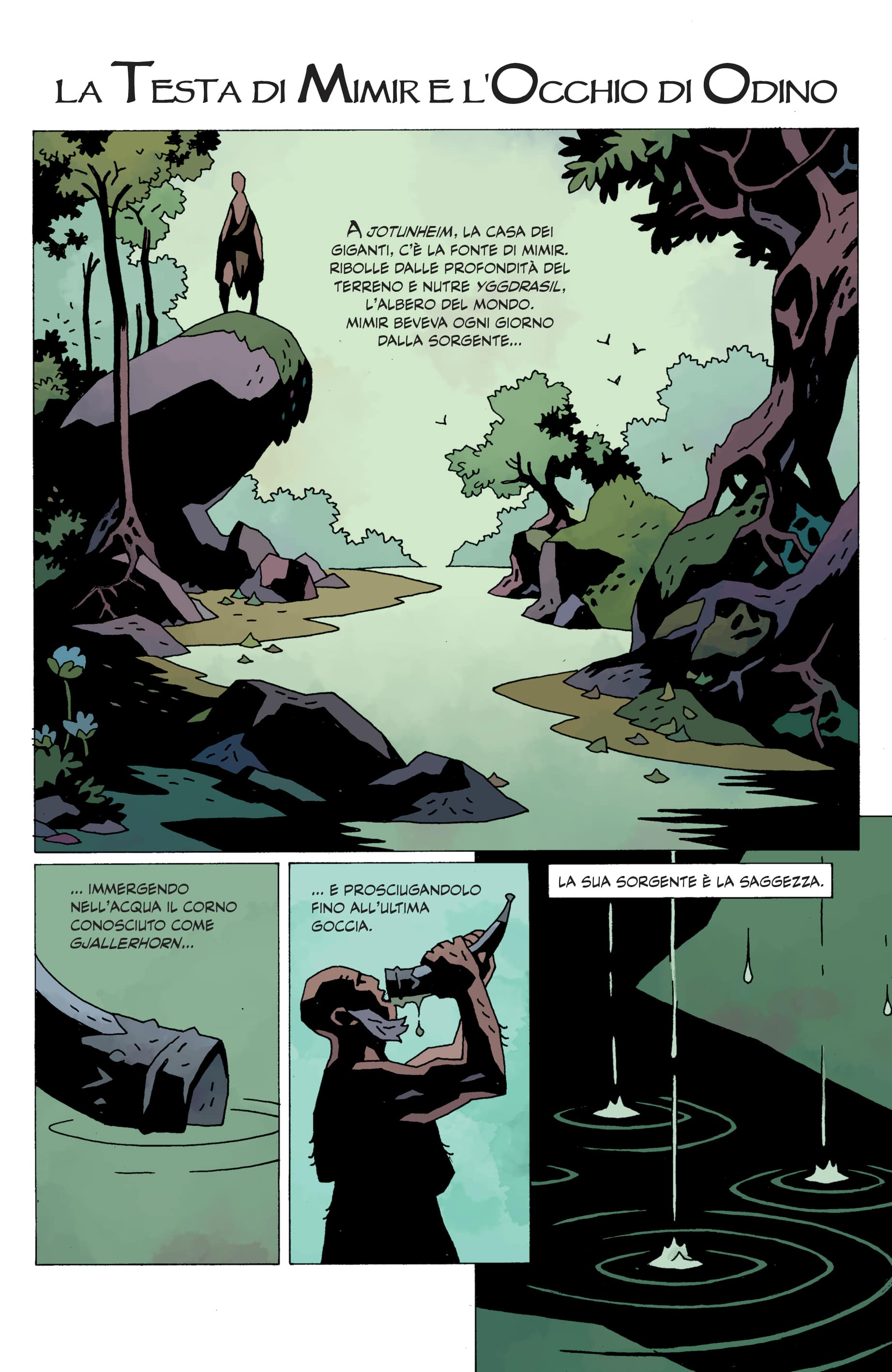 Una tavola illustrata da Mike Mignola per Miti del Nord di Neil Gaiman e P. Craig Russell