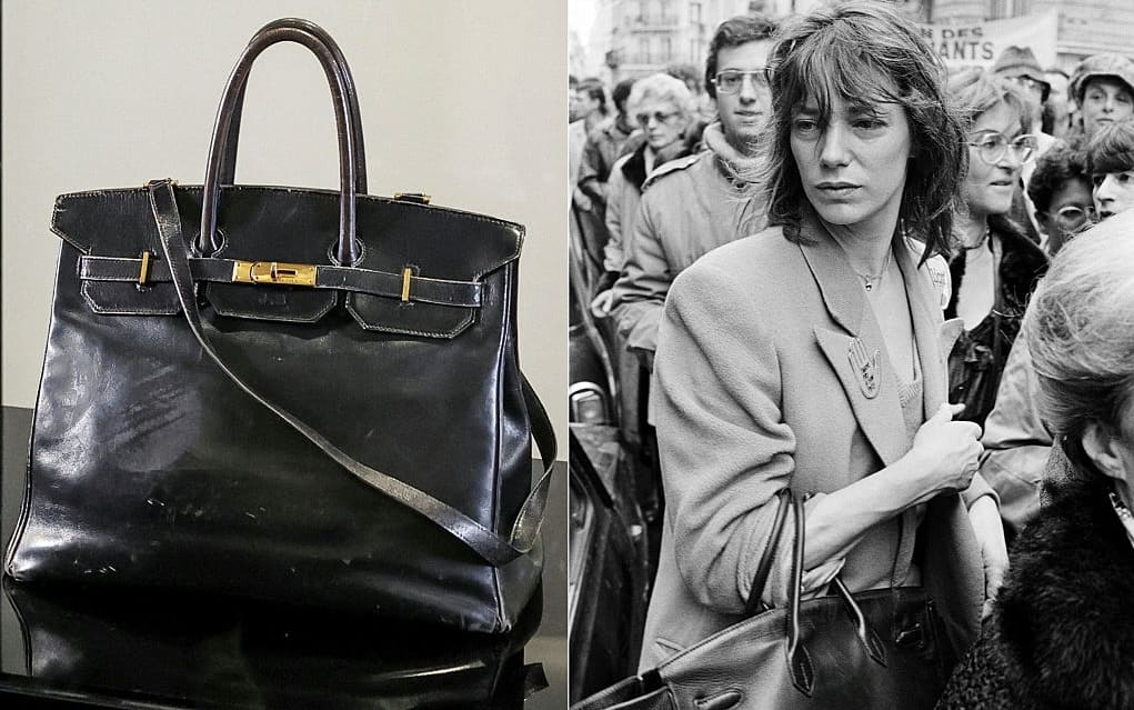 (COMBO) This combination of pictures created on July 09, 2025 showsthe "Birkin" bag by Hermes which belonged to British-French actress and singer Jane Birkin at the Sotheby's auction house in Paris on July 2, 2025 and which will be auctioned by Sotheby's as part of the Fashion Icons auction sale.(R) British actress and singer Jane Birkin, among many celebrities, takes part to the silent protest against a terrorist attack on March 29, during the International Jewish film Festival, at the "Rivoli-Beaubourg" cinema, in Paris, on March 31, 1985.. Birkin prototype bag that was designed by French luxury brand Hermes for British actress Jane Birkin, is set to be sold at auction house Sotheby's in Paris, on July 10, 2025. "The Original Birkin holds the potential to redefine records", Morgane Halimi, Sotheby's global handbag and fashion head, said in a statement. (Photo by ALAIN JOCARD and JACQUES DEMARTHON / AFP) (Photo by ALAIN JOCARD,JACQUES DEMARTHON/AFP via Getty Images)          