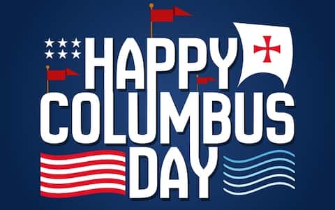 Happy Columbus Day typography vector illustration with American flag and ocean wave icon on blue background. US Columbus Day celebration greetring card, poster, banner, template