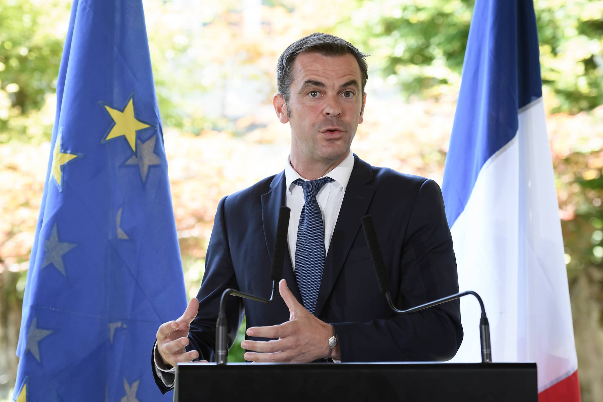 French Health and Solidarity Minister Olivier Veran attends a press conference with social distance following a meeting amid the COVID-19 outbreak, caused by the novel coronavirus at the World Health Organization headquarters in Geneva on June 25, 2020. (Photo by Fabrice COFFRINI / AFP) (Photo by FABRICE COFFRINI/AFP via Getty Images)