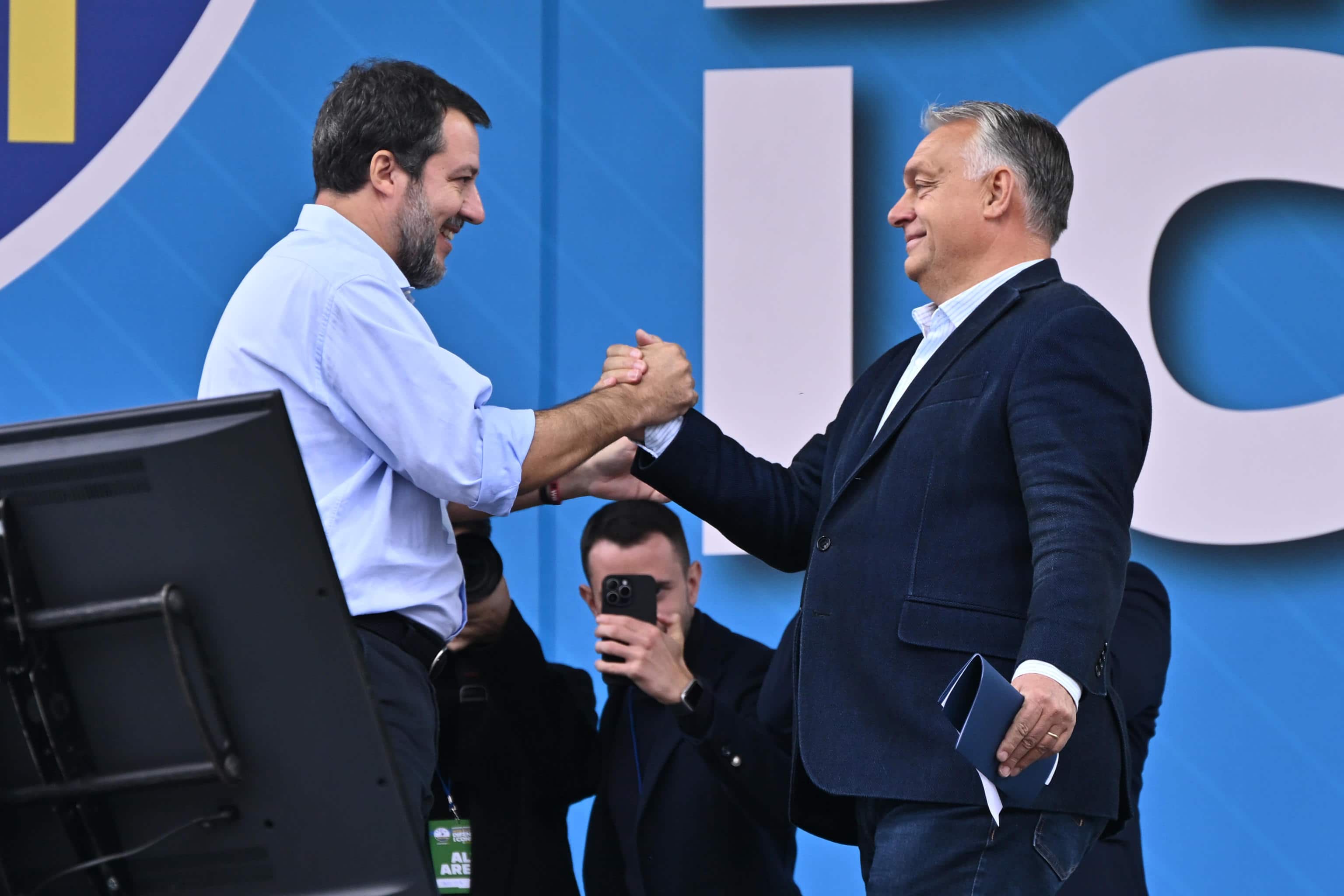 Leader of the League, Matteo Salvini, and Viktor Orban during traditional Lega party rally in Pontida (Bergamo), 6 October 2024. ANSA/MICHELE MARAVIGLIA