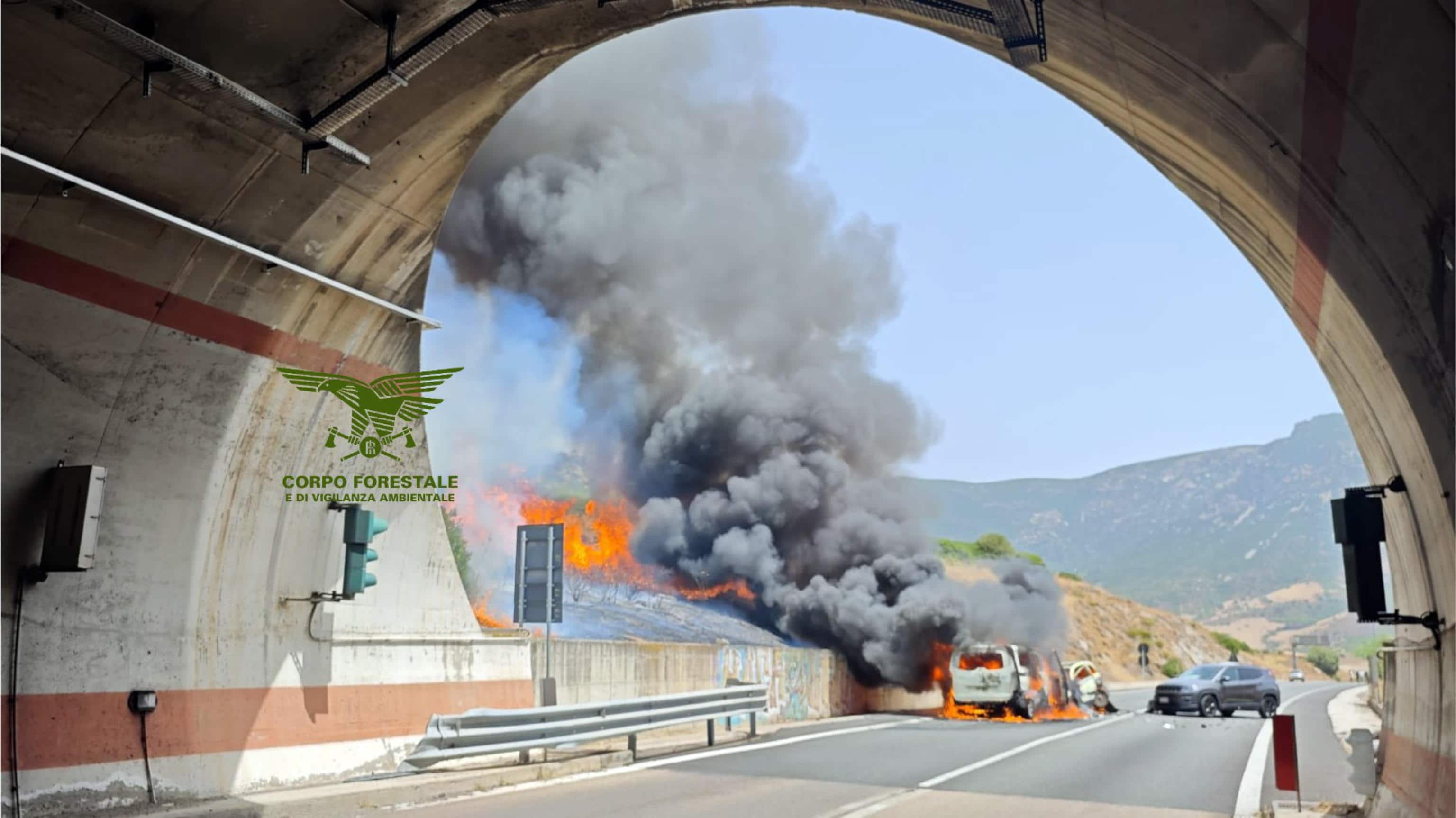 L'incendio innescato dallo scontro fra auto che ha richiesto l'intervento di un Canadair, Cagliari, 18 Luglio 2026. ANSA/US CORPO FORESTALE