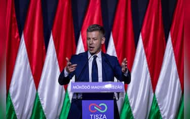BUDAPEST, HUNGARY - FEBRUARY 15: Peter Magyar, leader of the opposition Tisza Party, delivers an annual state of the nation speech, on February 15, 2026 in Budapest, Hungary. Hungary's parliamentary elections will be held on April 12 of this year. (Photo by Janos Kummer/Getty Images)