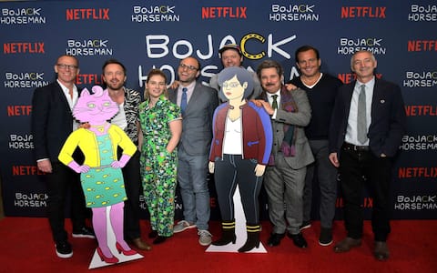 LOS ANGELES, CALIFORNIA - JANUARY 30: (L-R) Noel Bright, Aaron Paul, Lisa Hanawalt, Raphael Bob-Waksberg, Mike Hollingsworth, Paul F. Tompkins, Will Arnett, and Steve Cohen attend "The BoJack Horseman" Finale Event, presented by Netflix, at The Egyptian Theatre on January 30, 2020 in Los Angeles, California. (Photo by Charley Gallay/Getty Images for Netflix)