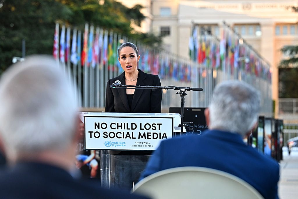 GENEVA, SWITZERLAND - MAY 17: Meghan Markle, Duchess of Sussex attends the inauguration of the Lost Screen Memorial, ahead of the opening of the 79th World Health Assembly at Place des Nations on May 17, 2026 in Geneva, Switzerland. “Lost Screen Memorial” is a commemorative art installation displaying illuminated smartphone lock screens symbolizing 50 children who tragically lost their lives following harm associated with social media. (Photo by Harold Cunningham/Getty Images)