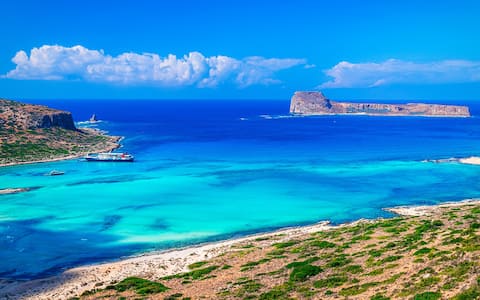 2XXX1CB Balos lagoon, Crete island, Greece: Panoramic view of Balos Lagoon and Gramvousa island on Crete, Greece. Cap Tigani, Europe