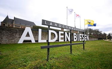 This photograph shows a sign of the Alden Biesen castle in Rijkhoven on February 2, 2026. EU leaders will participate in an informal meeting on February 12, 2026. (Photo by JOHN THYS / AFP)