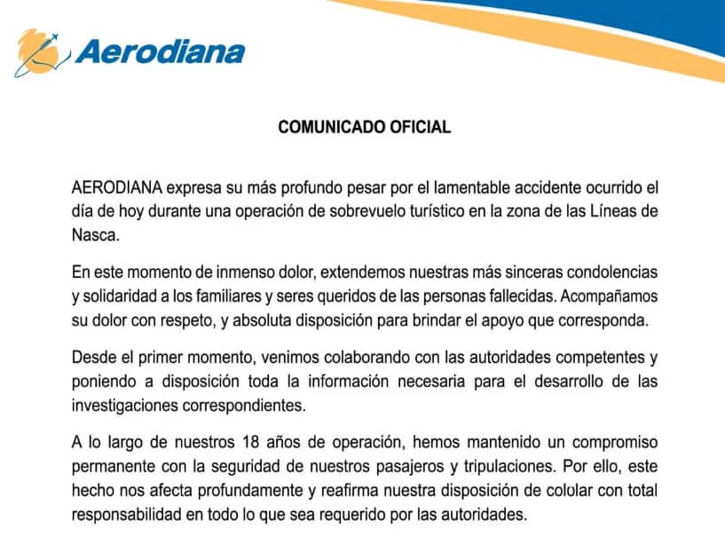 Messaggio della compagnia aerea Aerodiana