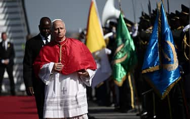 Pope Leo XIV during a welcome ceremony at  4 de Fevereiro  Luanda International Airport, Luanda, Angola. 18 April 2026. Pope Leo XIV is on apostolic journey to Angola. ANSA/LUCA ZENNARO
