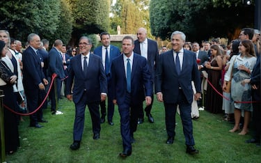 L'ambasciatore Usa a Roma, Tilman J. Fertitta con presidente del Senato Ignazio La Russa e i ministri Antonio Tajani, Matteo Salvini e Guido Crosetto  durante il ricevimento a Villa Taverna                  per i 250 anni di indipendenza degli Usa, Roma 2 luglio 2026. ANSA/GIUSEPPE LAMI