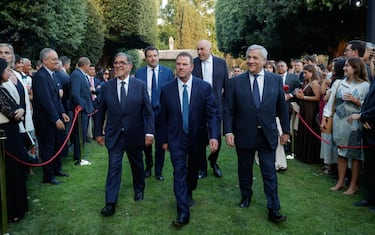 L'ambasciatore Usa a Roma, Tilman J. Fertitta con presidente del Senato Ignazio La Russa e i ministri Antonio Tajani, Matteo Salvini e Guido Crosetto  durante il ricevimento a Villa Taverna                  per i 250 anni di indipendenza degli Usa, Roma 2 luglio 2026. ANSA/GIUSEPPE LAMI