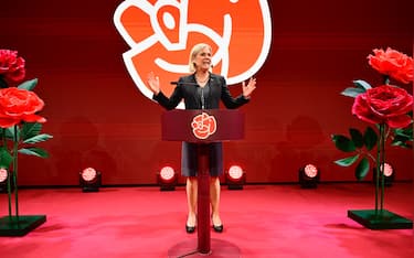 epa13237935 Social Democrats party leader Magdalena Andersson speaks during the Social Democrats' election night watch party at the Stockholm Waterfront Conference Center in Stockholm , Sweden, 13 September 2026.  EPA/JONAS EKSTROMER SWEDEN OUT