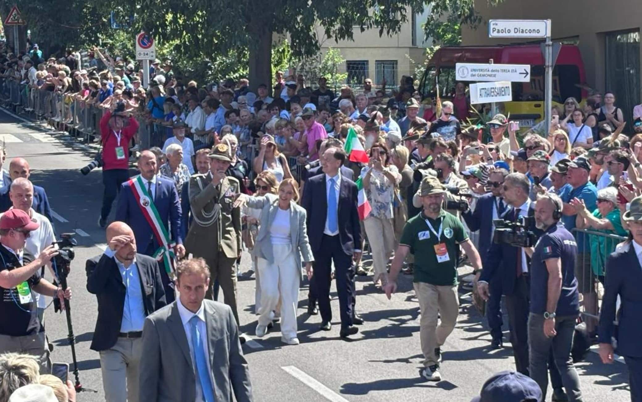 La Presidente del Consiglio Giorgia Meloni arriva al raduno degli Alpini del triveneto di Gemona del Friuli, Trieste, 21 giugno 2026. ANSA/ ALICE FUMIS