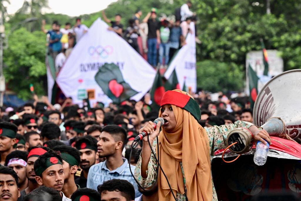 Student activists shout slogans before they submit their memorandum to the country's President on quota reforms for civil service jobs, during a demonstration held in Dhaka on July 14, 2024. (Photo by MUNIR UZ ZAMAN / AFP) (Photo by MUNIR UZ ZAMAN/AFP via Getty Images)