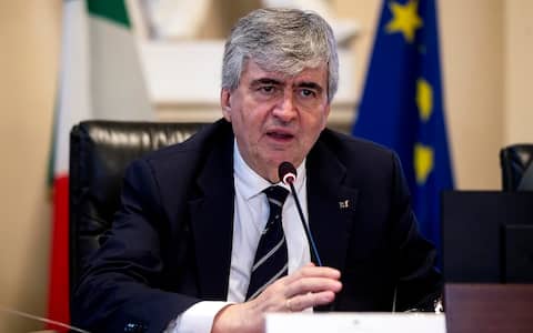 Il sottosegretario della Cultura Gianmarco Mazzi durante la presentazione della mostra delle opere ad Arezzo 'Vasari. Il teatro delle virtu', presso il Ministero della Cultura, Roma, 22 ottobre 2024. ANSA/ANGELO CARCONI