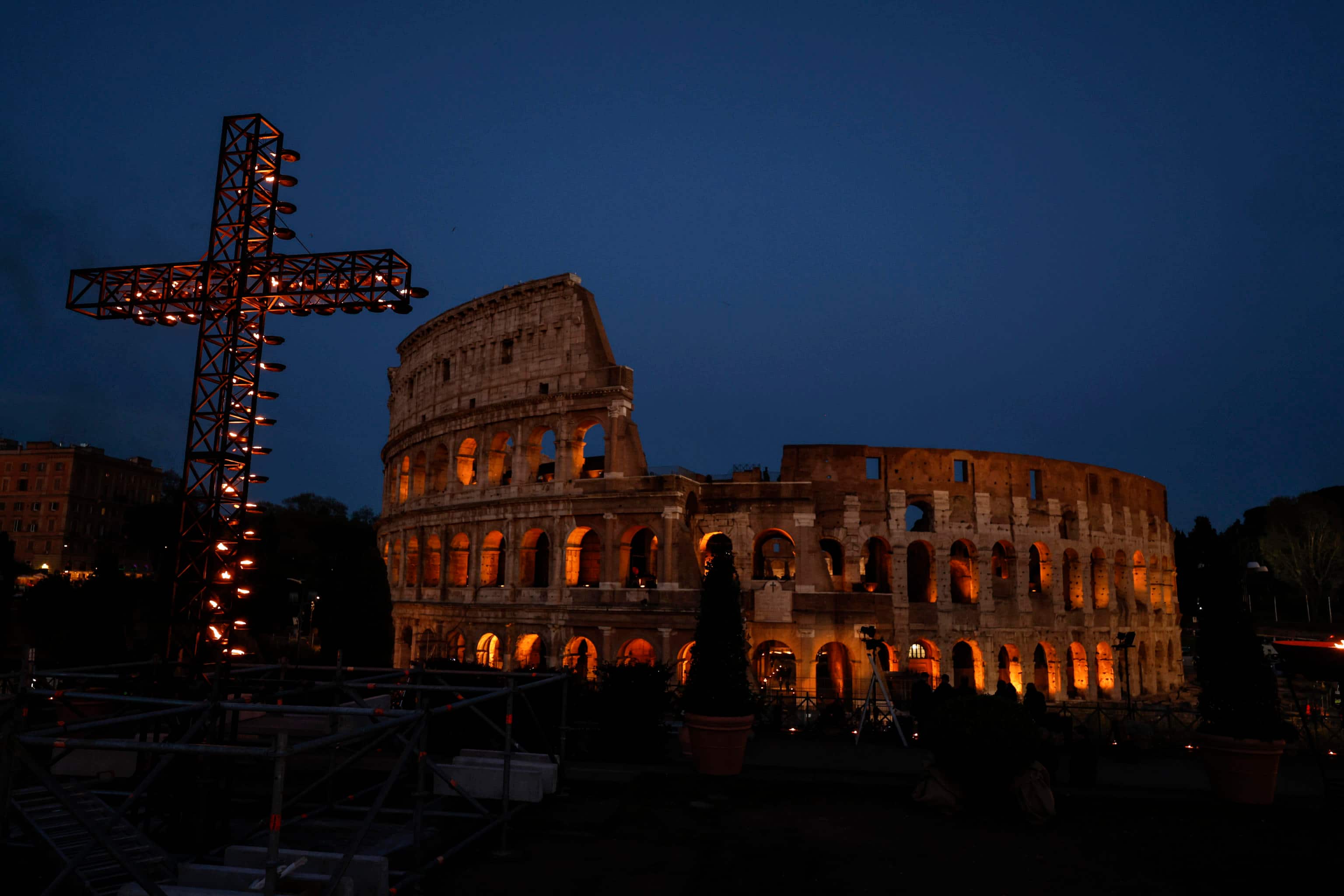 A moment of the Via Crucis - Way of the Cross torchlight procession on Good Friday in front of Colosseum in Rome, Italy, 07 April 2023.ANSA/FABIO FRUSTACI