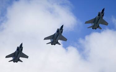 MOSCOW, RUSSIA - JUNE 24: MIG-31k fighter jet, with Kinzhal missile system, performs during Victory Day in Red Square in Moscow, Russia on June 24, 2020. Victory Day parades, commemorating the 75th anniversary of the victory in World War II, have been postponed from 9 May to 24 June due to restrictions imposed to prevent the spread of the coronavirus (Covid-19) in the country. (Photo by Sefa Karacan/Anadolu Agency via Getty Images)