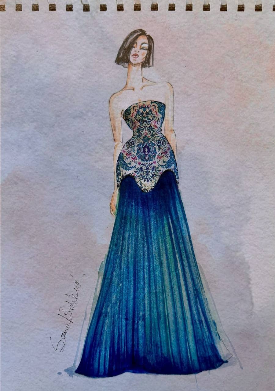 Il bozzetto dell'abito disegnato da Sara Behbud.