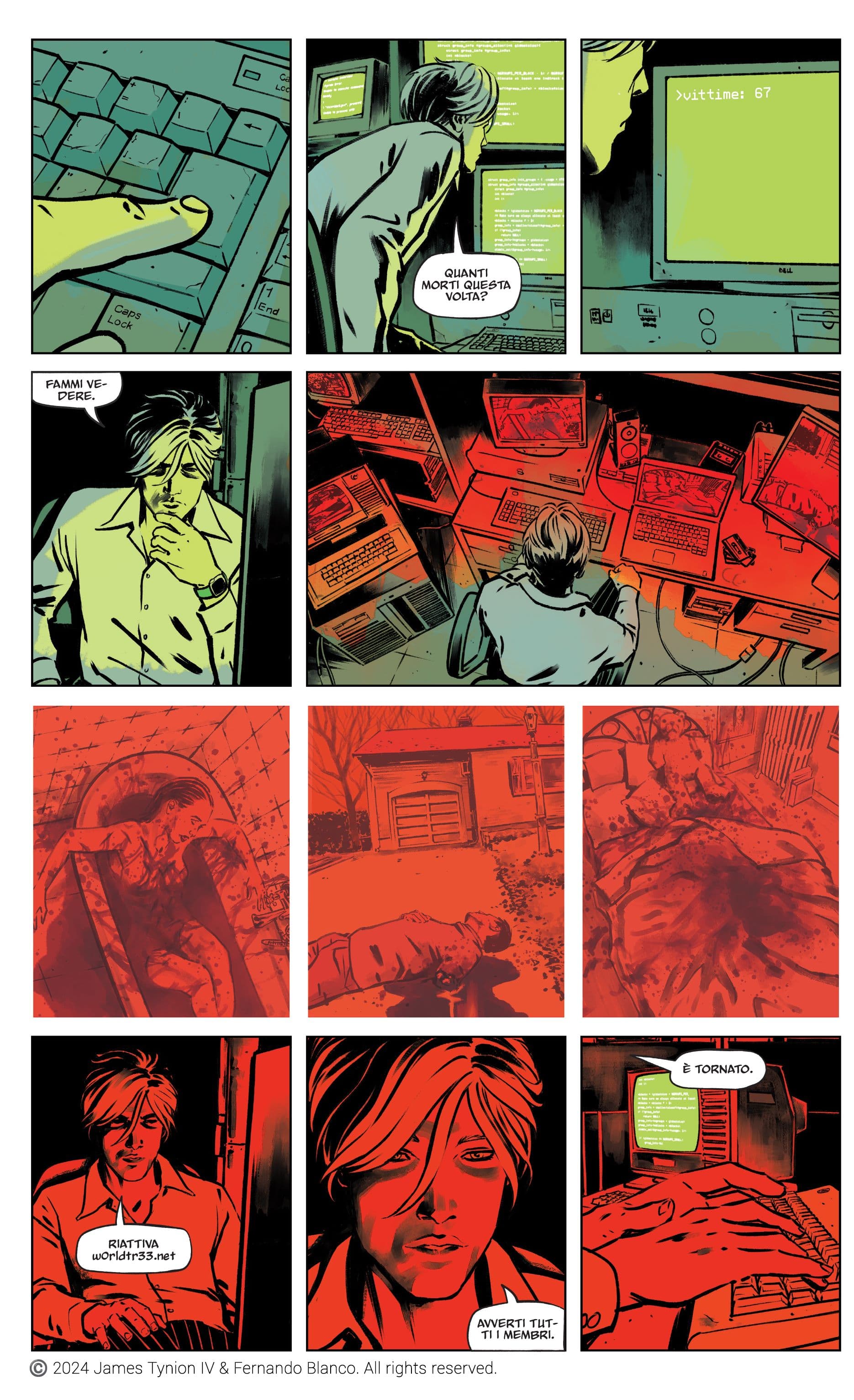 Una tavola tratta da W0rldtr33 di James Tynion IV e Fernando Blanco (Panini Comics)