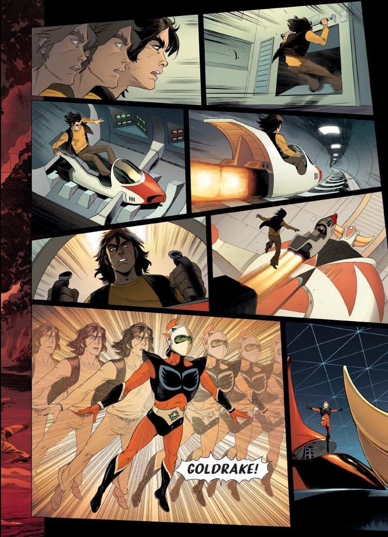 Una tavola tratta da Goldrake di Xavier Dorison, Denis Bajram, Brice Cossu, Alexis Sentenac e Yoann Guillo (Edizioni BD)