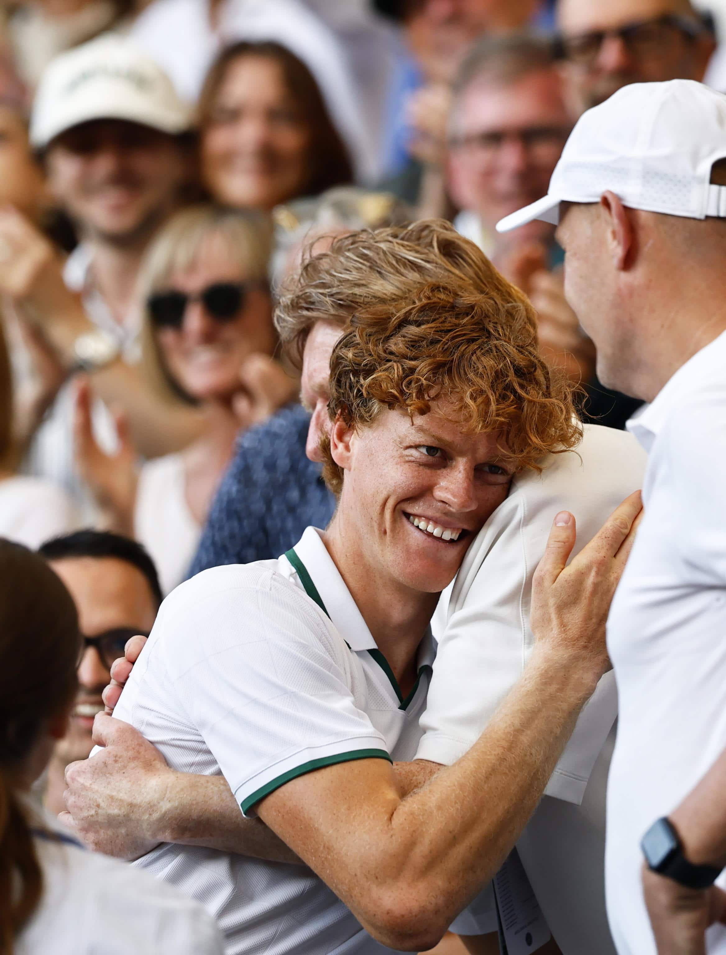 epa13107617 Jannik Sinner of Italy celebrates with his family after winning the Men's Singles final against Alexander Zverev of Germany at the Wimbledon Championships in London, Britain, 12 July 2026.  EPA/TOLGA AKMEN