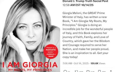 Il post di Trump per il libro di Giorgia Meloni, 14 ottobre 2025