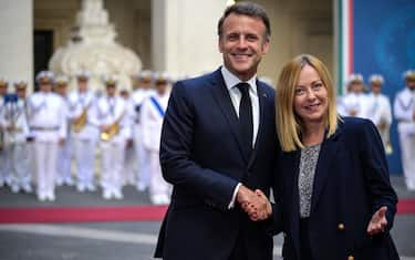 Italian Prime Minister, Giorgia Meloni (R), with French President, Emmanuel Macron (L), during their meeting at Palazzo Chigi in Rome, Italy, 3 June 2025. ANSA/RICCARDO ANTIMIANI

