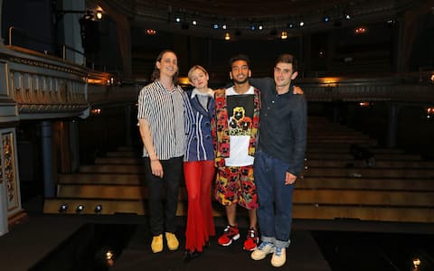 LONDON, ENGLAND - JULY 15: (L to R) Theatre director Daniel Raggett, Emma Corrin, Nabhaan Rizwan and Playwright Joseph Charlton pose on stage to celebrate the opening of "Anna X" at the Harold Pinter Theatre on July 15, 2021 in London, England.  (Photo by David M. Benett/Dave Benett/Getty Images)