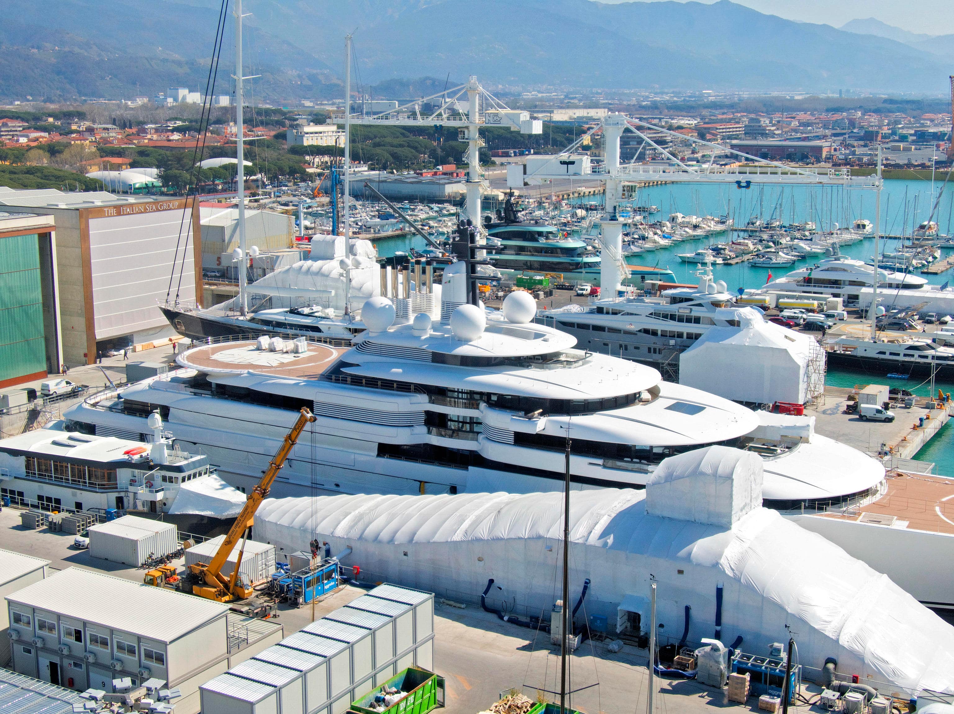 A panorama view of the port of Marina of Carrara, Versila coast in central Italy, where the russian yacht Scheherazade is moored, Marina di Carrara on 23 March 2022. Ansa/Fabio Muzzi