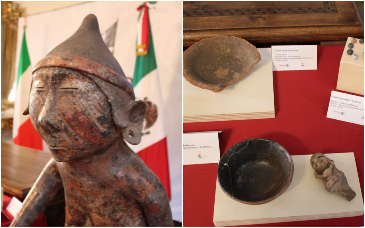 Alcuni dei 27 reperti archeologici restituiti all'ambasciata del Messico